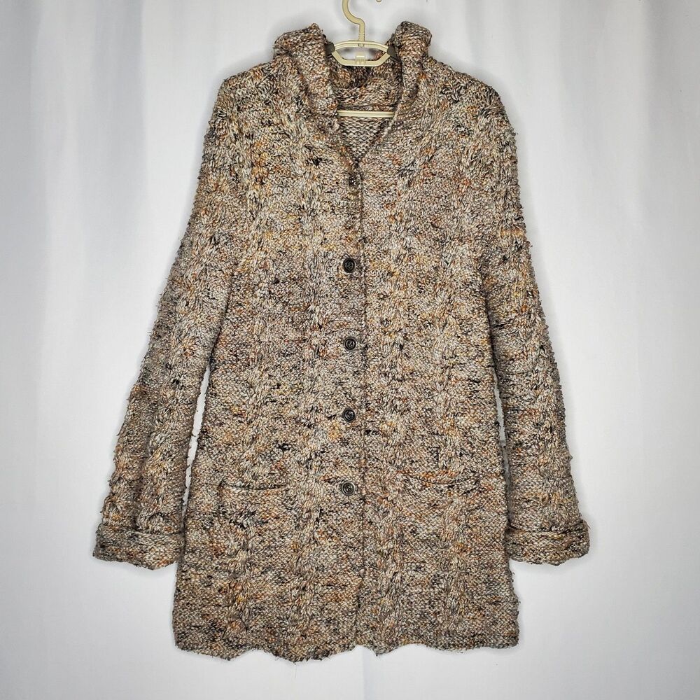 Vintage Fisherman Cardigan HEAVY Cable Knit Womens Medium Hooded Button Longline